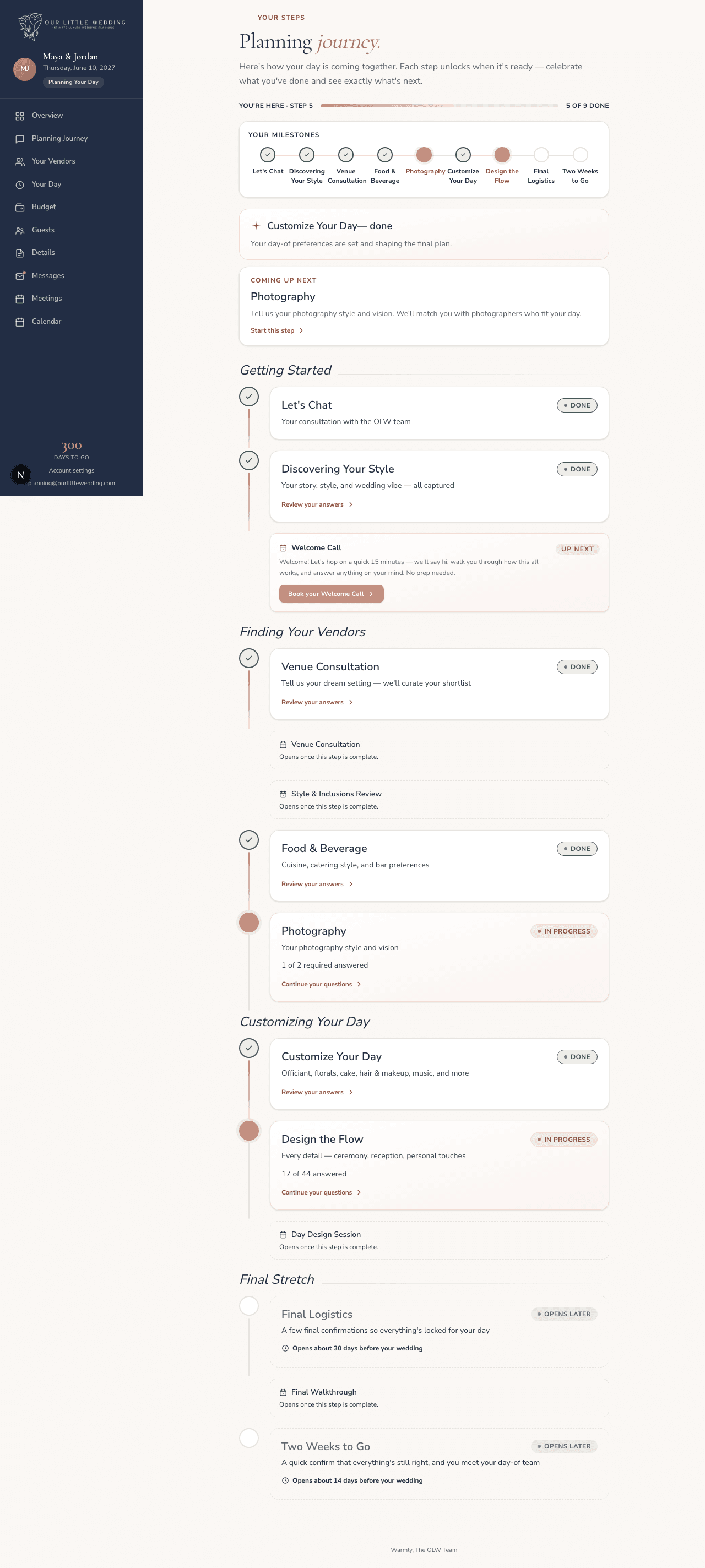 The planning journey in the portal, every step from style questions through vendor bookings and your wedding day timeline in one place